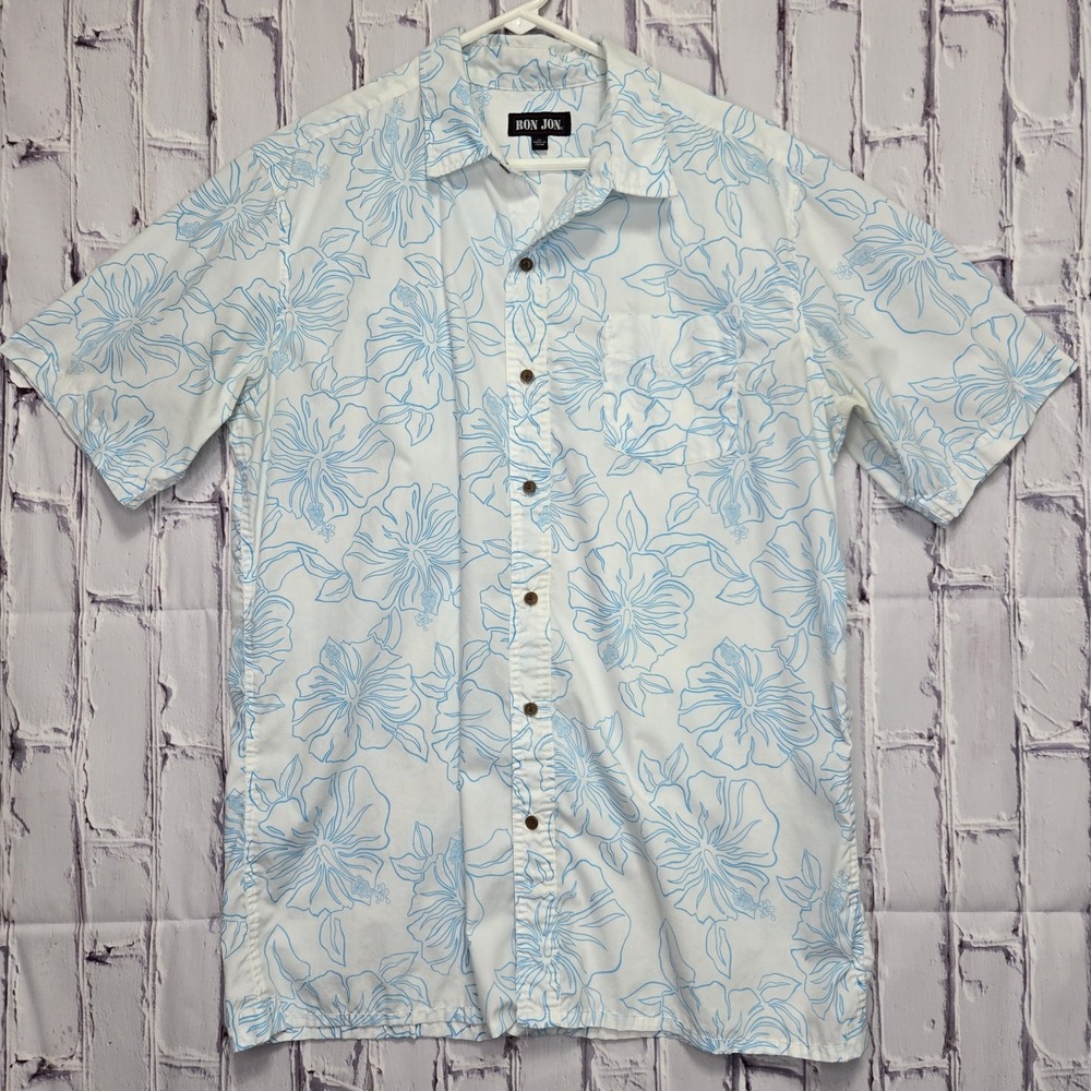 Vintage Ron Jon Surf Shop White Teal Hawaiian Casual‎ Button Down Shirt Adult XL